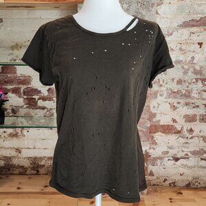 RtA | Olive Green Distressed Short Sleeve T-Shirt With Holes